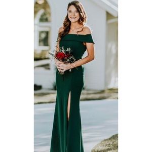 FOREST GREEN OFF-THE-SHOULDER MAXI DRESS